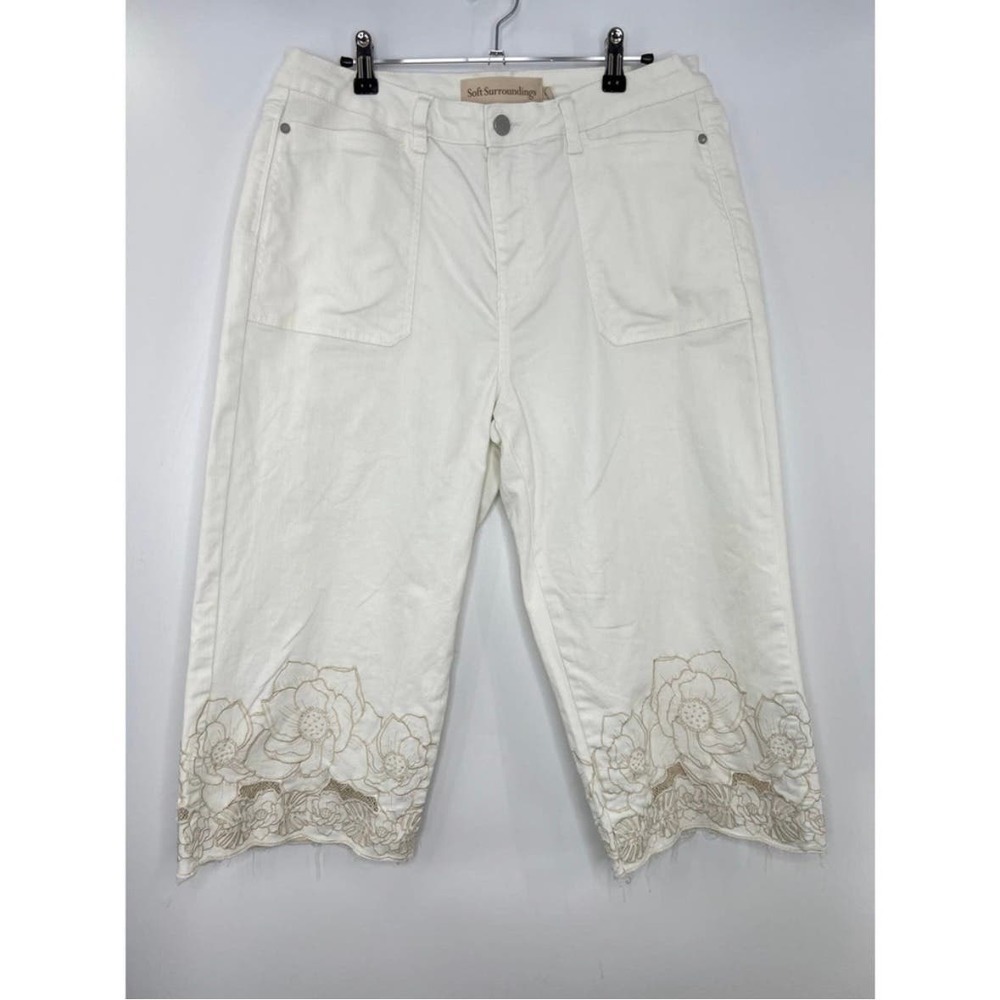 Soft Surroundings White Wide Leg Pants with Gold Embroidery